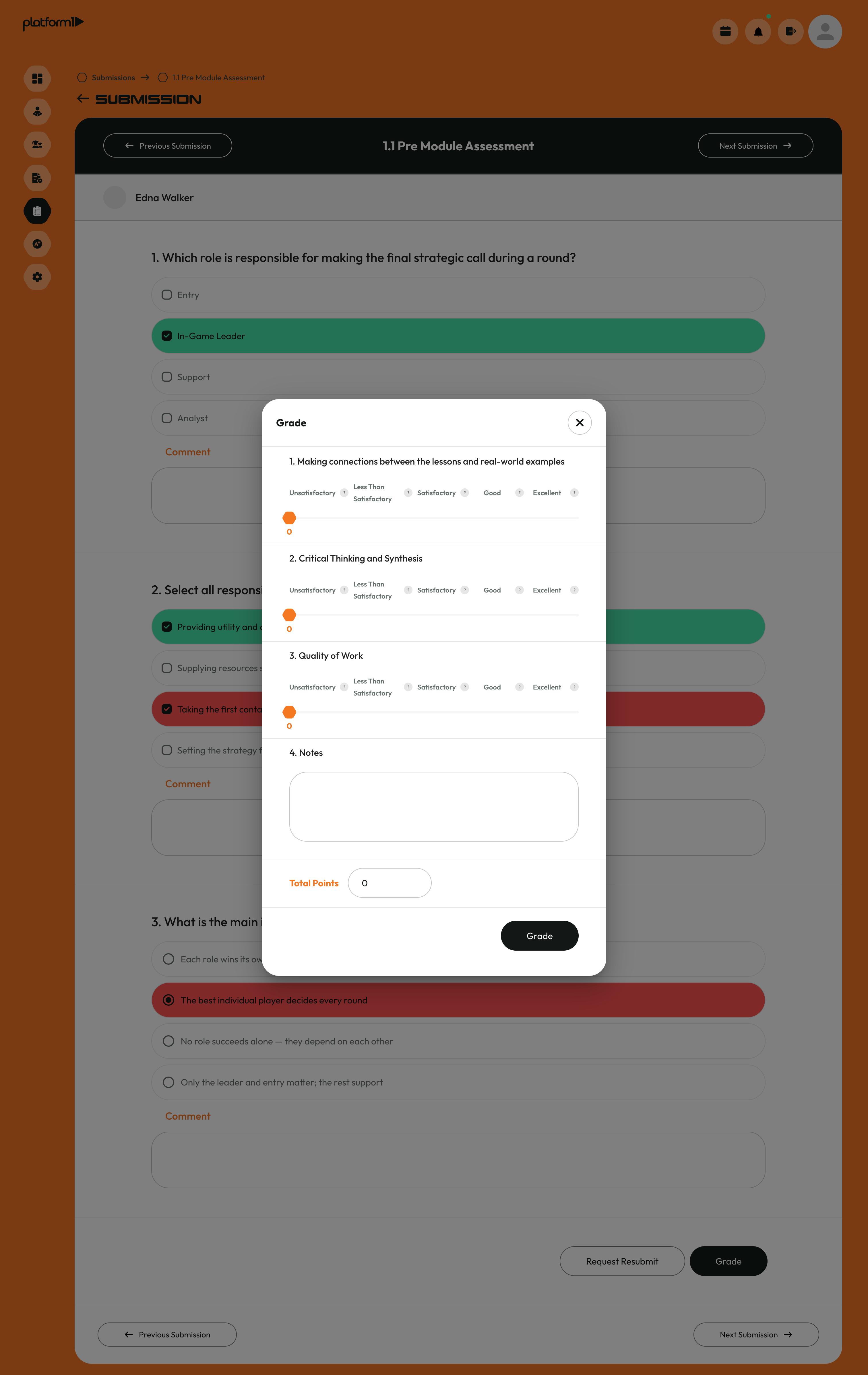 The Platform1 LMS interface, showing courses and the gradebook